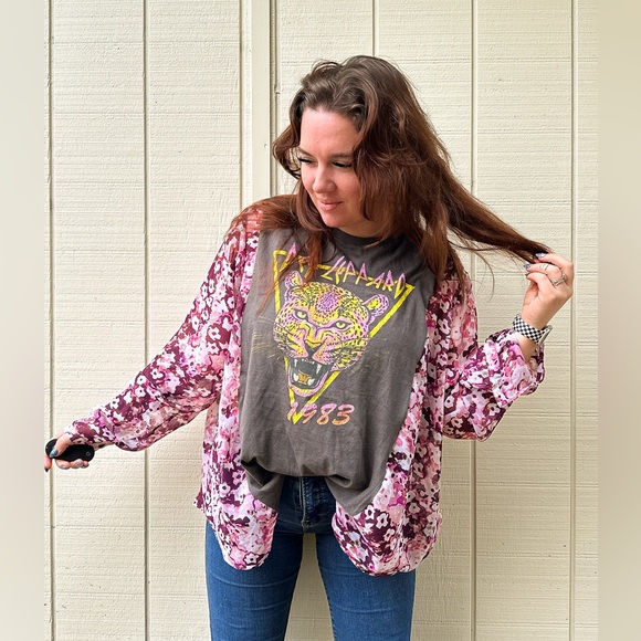 SOLD Upcycle Def Leppard Boho Floral Semi Sheer Top Blouse - One Of A Kind - Picture 8 of 15